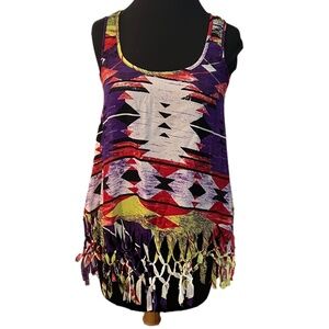 GB Aztec Fringe Multicolor Sheer Sleeveless Blouse, Size Small